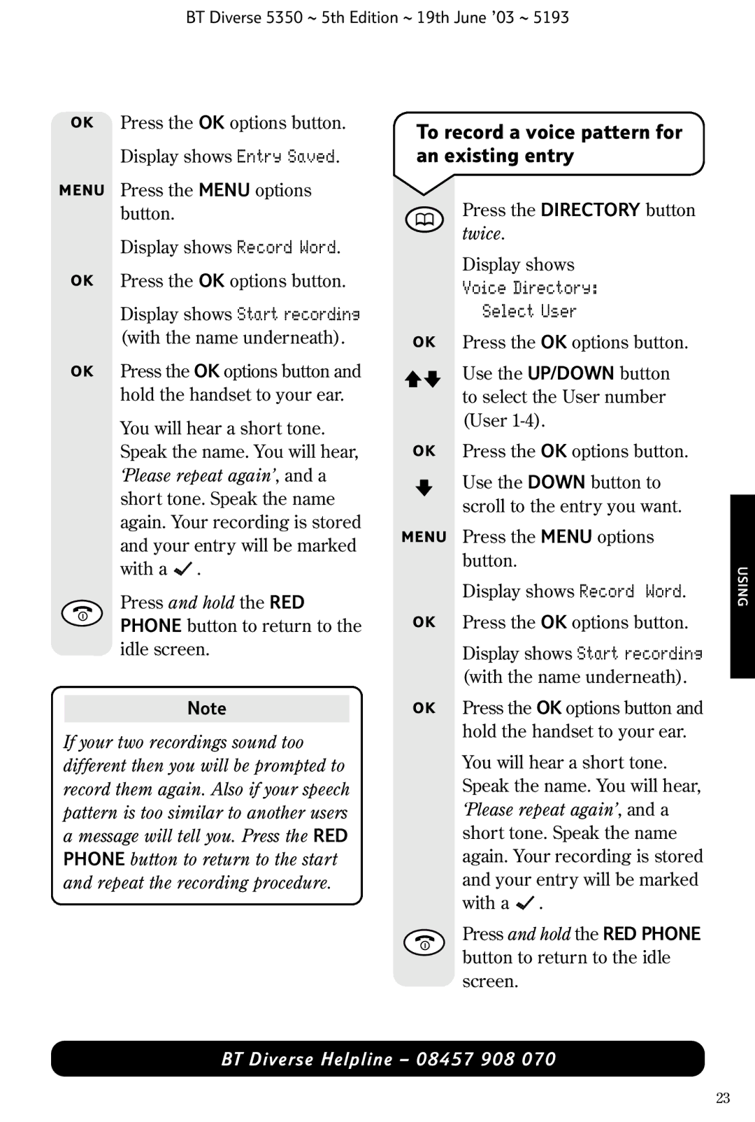 HP 5350 manual To record a voice pattern for an existing entry 