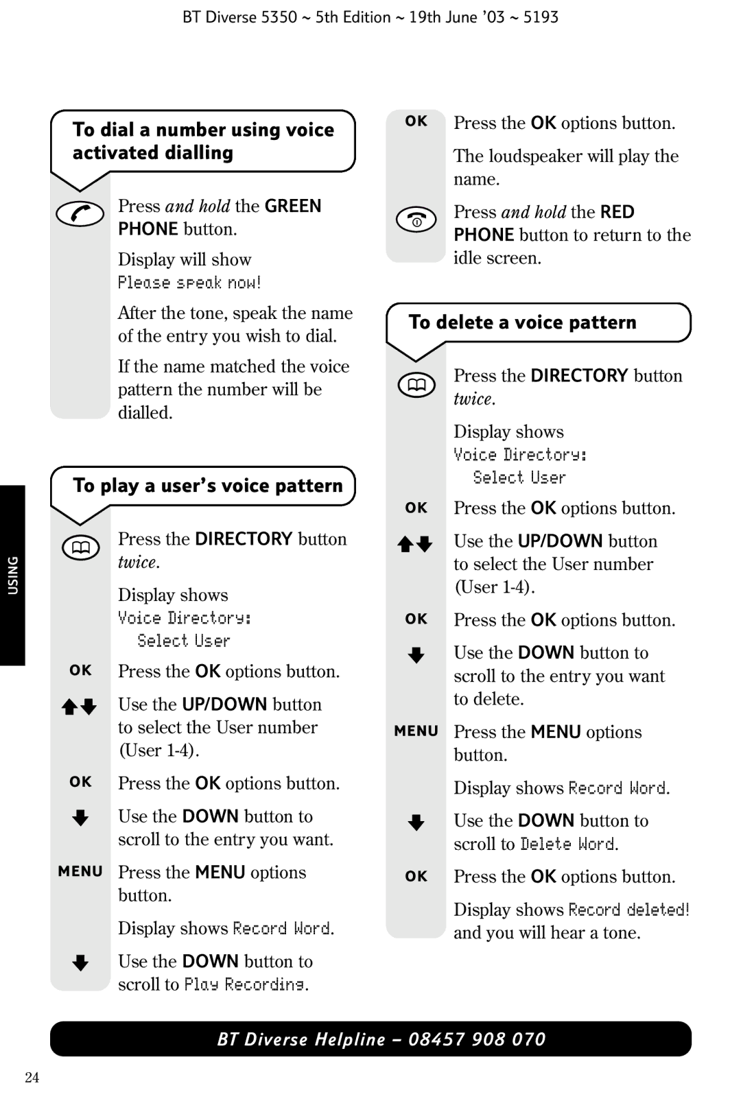 HP 5350 manual To dial a number using voice activated dialling, To play a user’s voice pattern, To delete a voice pattern 