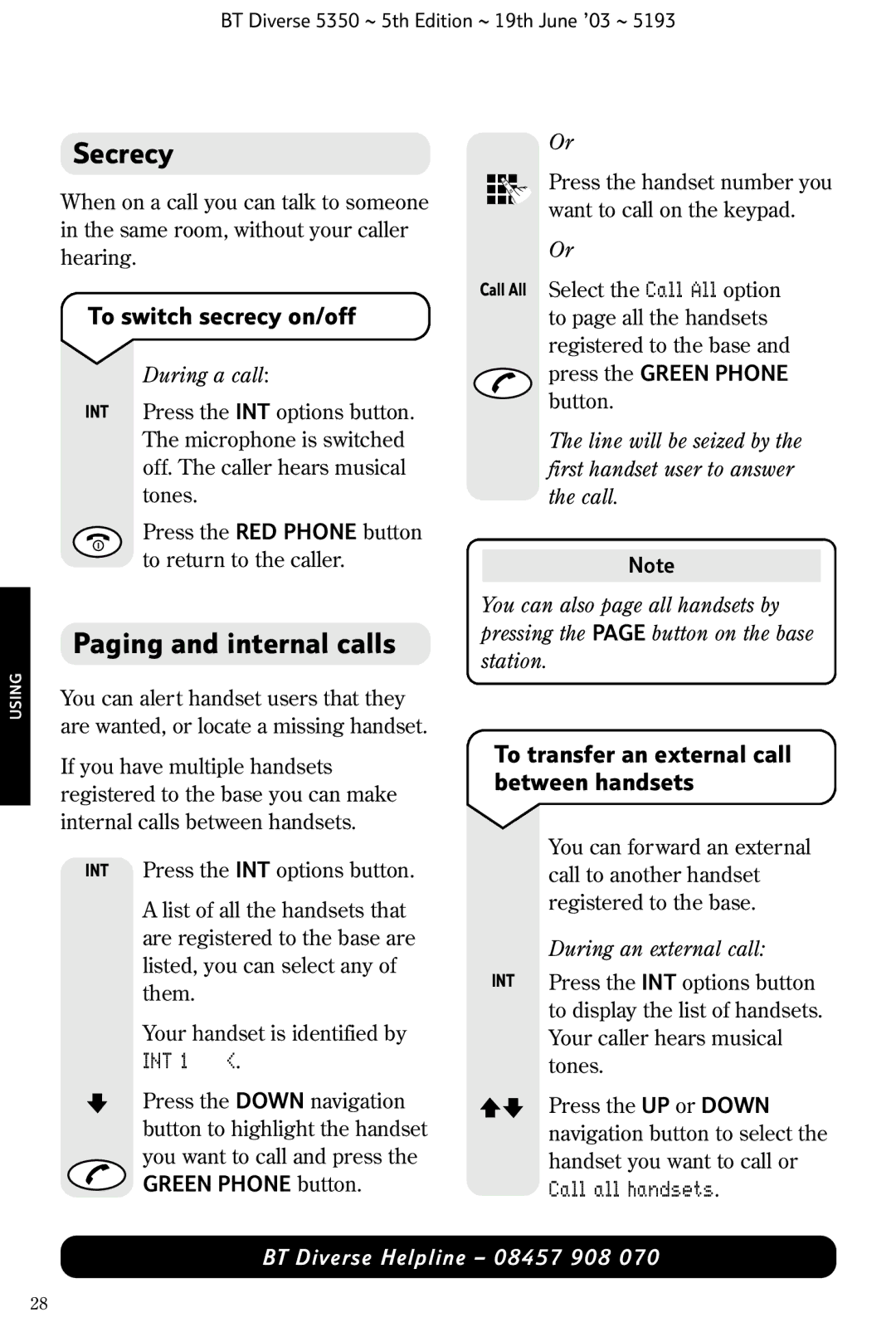 HP 5350 manual Secrecy, Paging and internal calls, To switch secrecy on/off, To transfer an external call between handsets 