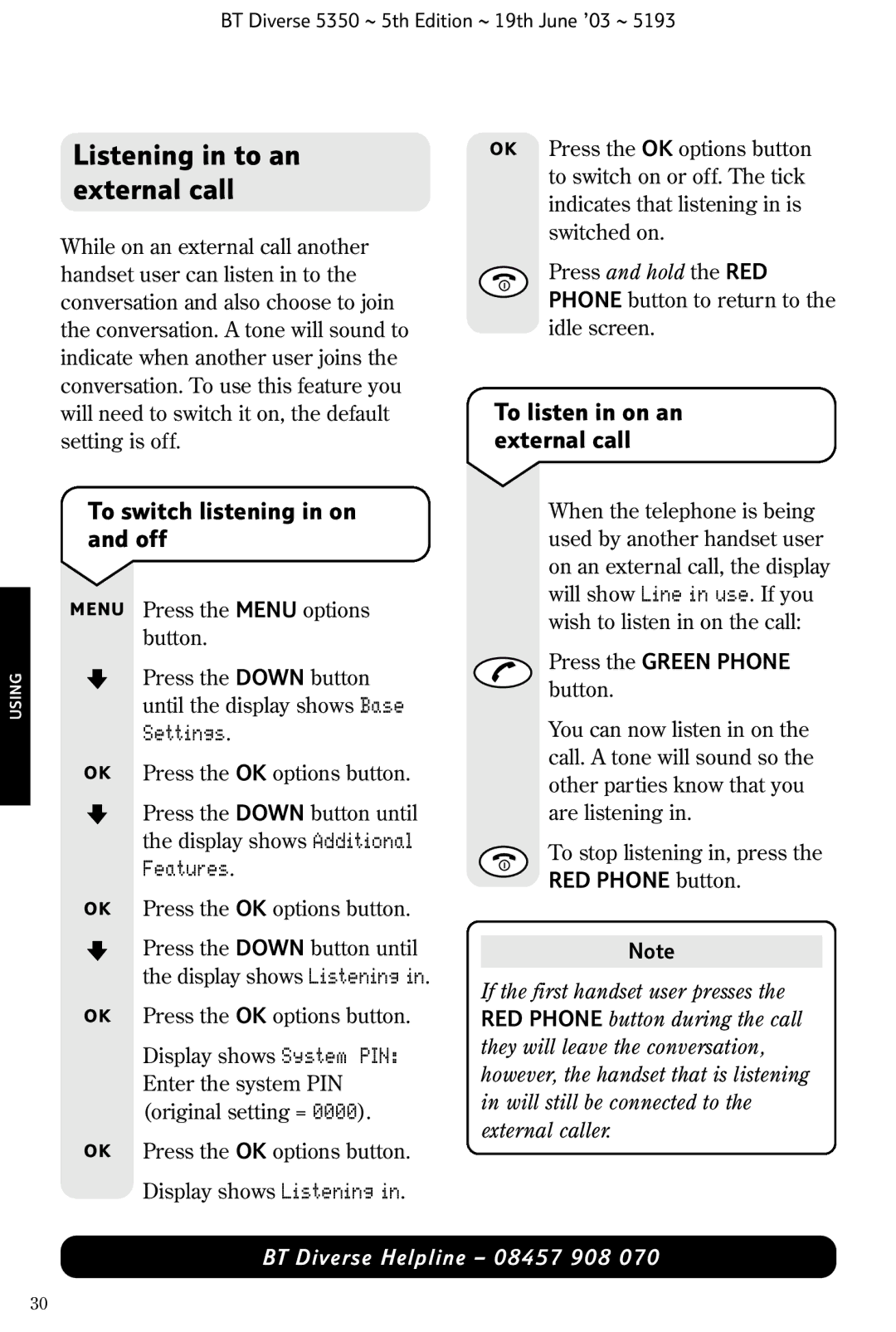 HP 5350 manual Listening in to an external call, To switch listening in on and off, To listen in on an external call 