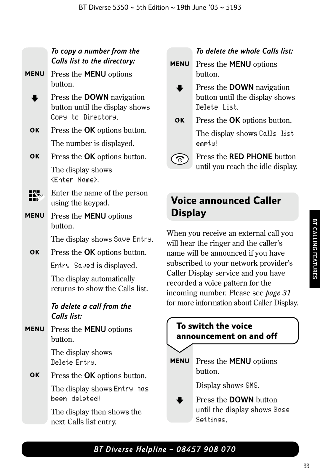 HP 5350 manual Voice announced Caller Display, To switch the voice announcement on and off, Been deleted, Empty 