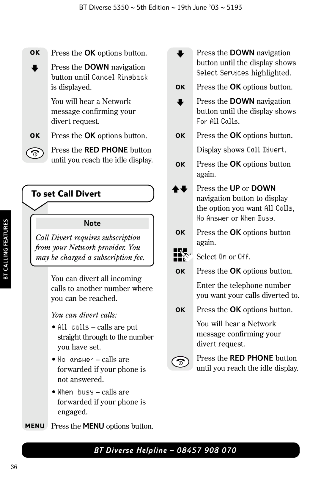 HP 5350 manual To set Call Divert, No Answer or When Busy, You can divert calls 