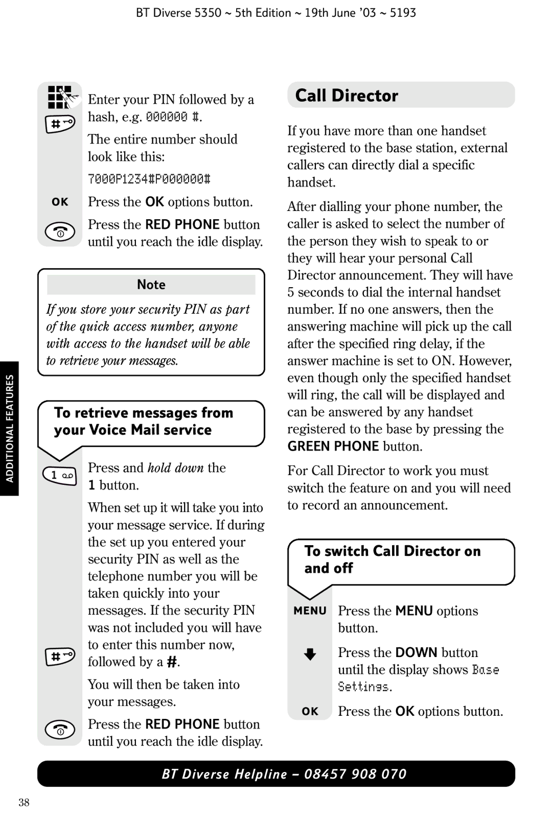 HP 5350 To switch Call Director on and off, 7000P1234#P000000#, To retrieve messages from your Voice Mail service 