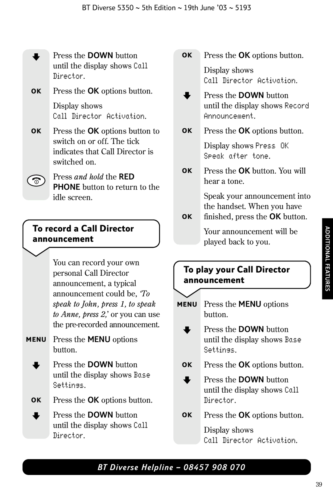 HP 5350 manual To record a Call Director announcement, To play your Call Director announcement, Call Director Activation 