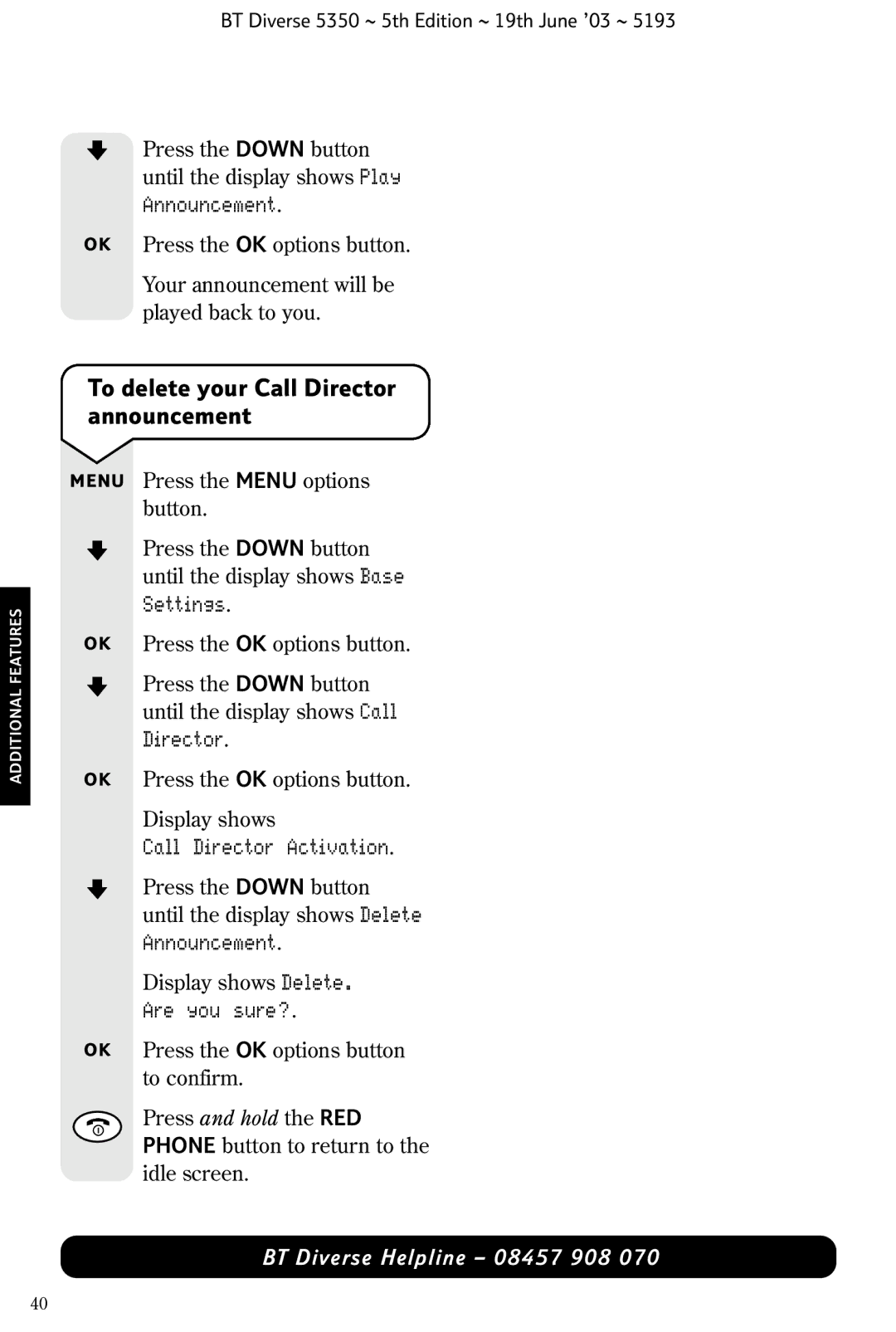 HP 5350 manual To delete your Call Director announcement, Are you sure? 