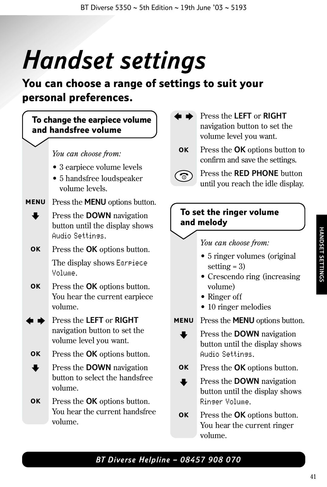 HP 5350 manual Handset settings, To set the ringer volume and melody, Audio Settings, You can choose from 