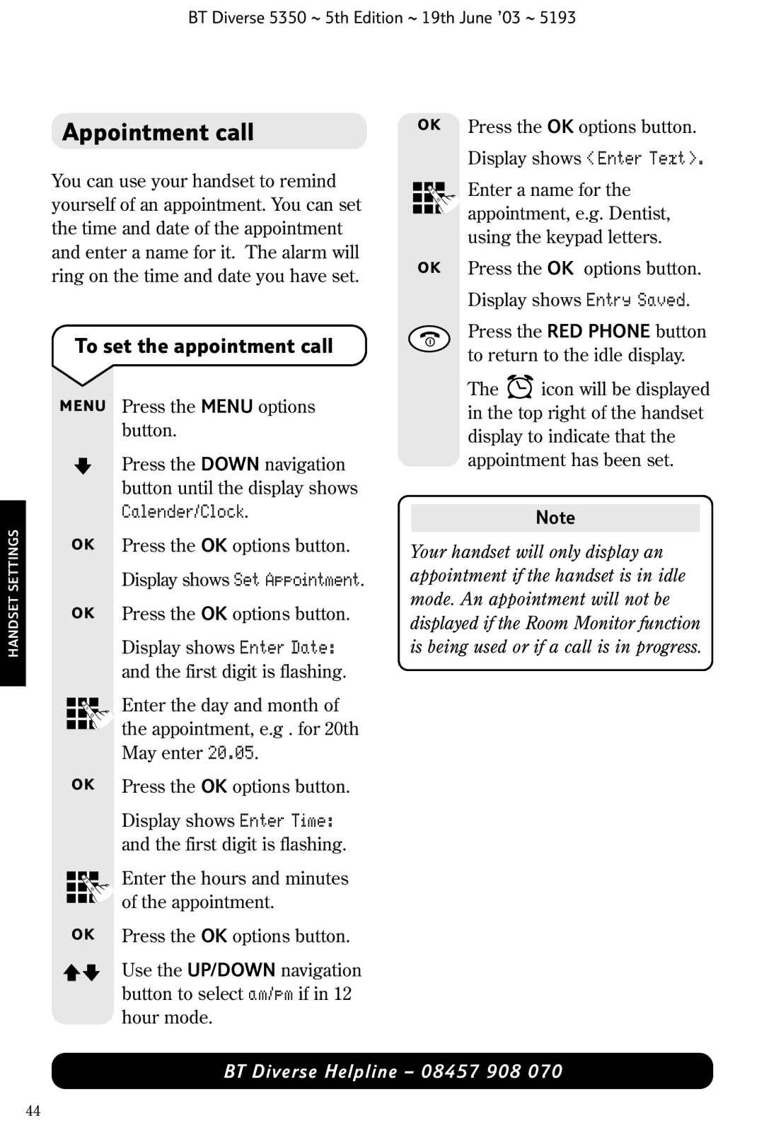 HP 5350 manual Appointment call, To set the appointment call, Display shows Enter Text 