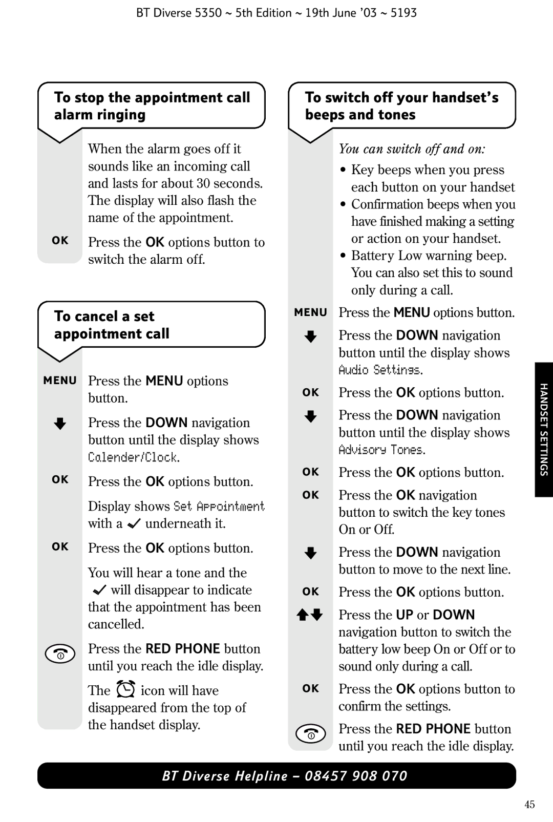 HP 5350 manual To stop the appointment call alarm ringing, To cancel a set appointment call, Display shows Set Appointment 