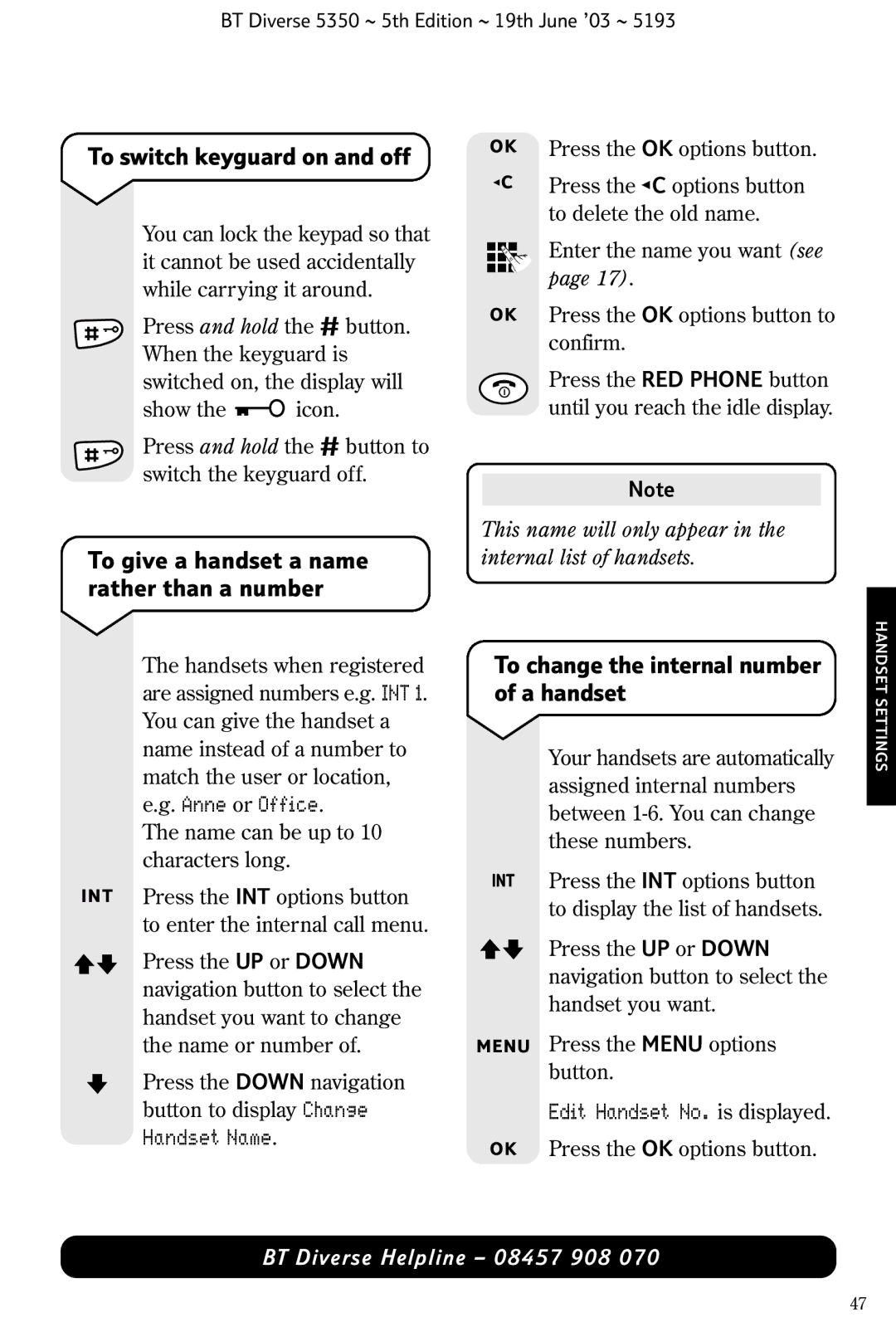 HP 5350 manual To switch keyguard on and off, To change the internal number of a handset, Edit Handset No. is displayed 