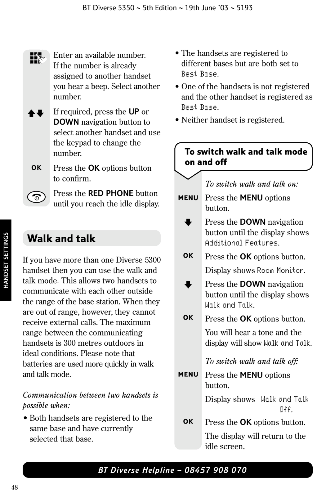 HP 5350 manual Walk and talk, To switch walk and talk mode on and off, Off 