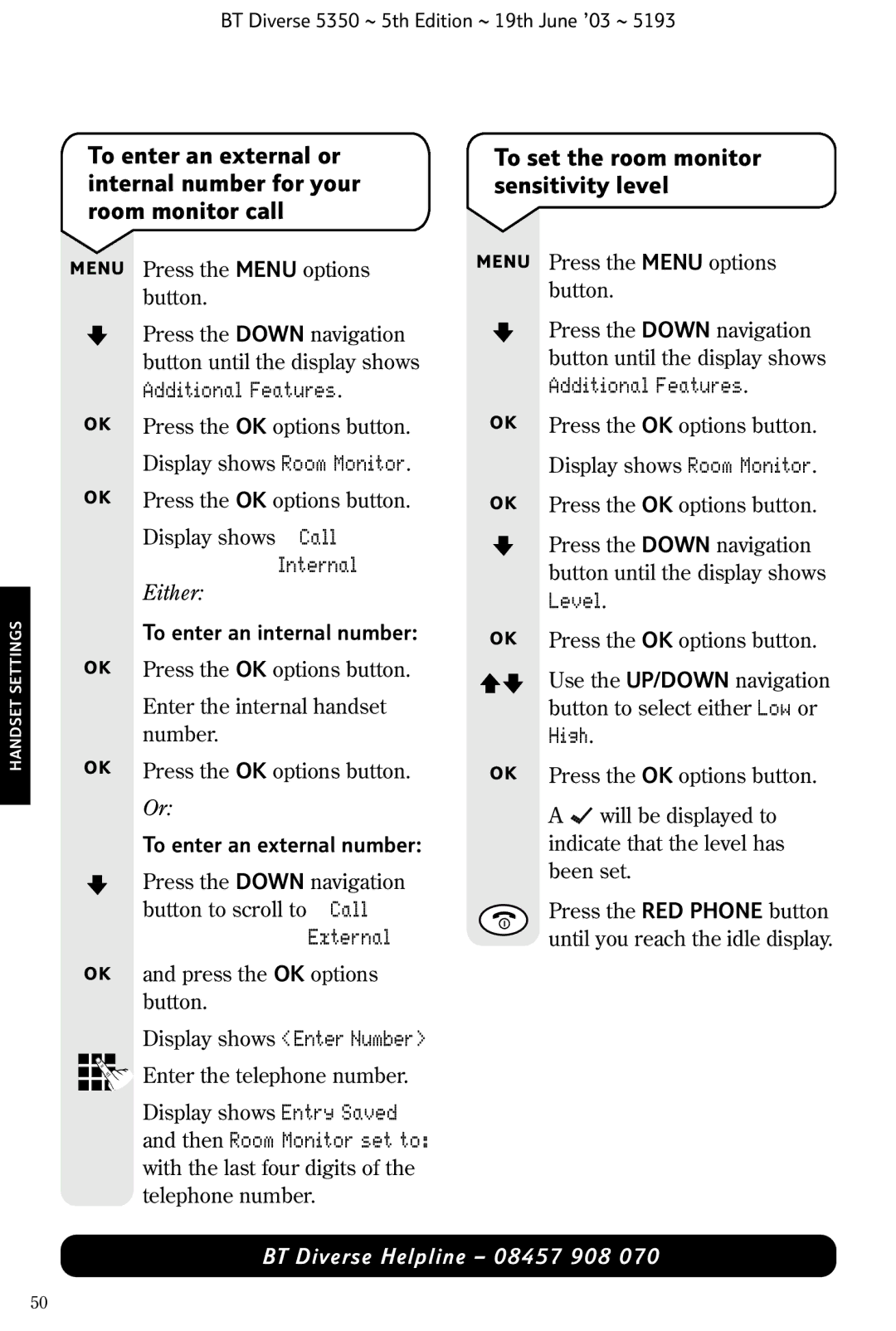 HP 5350 manual To set the room monitor sensitivity level 