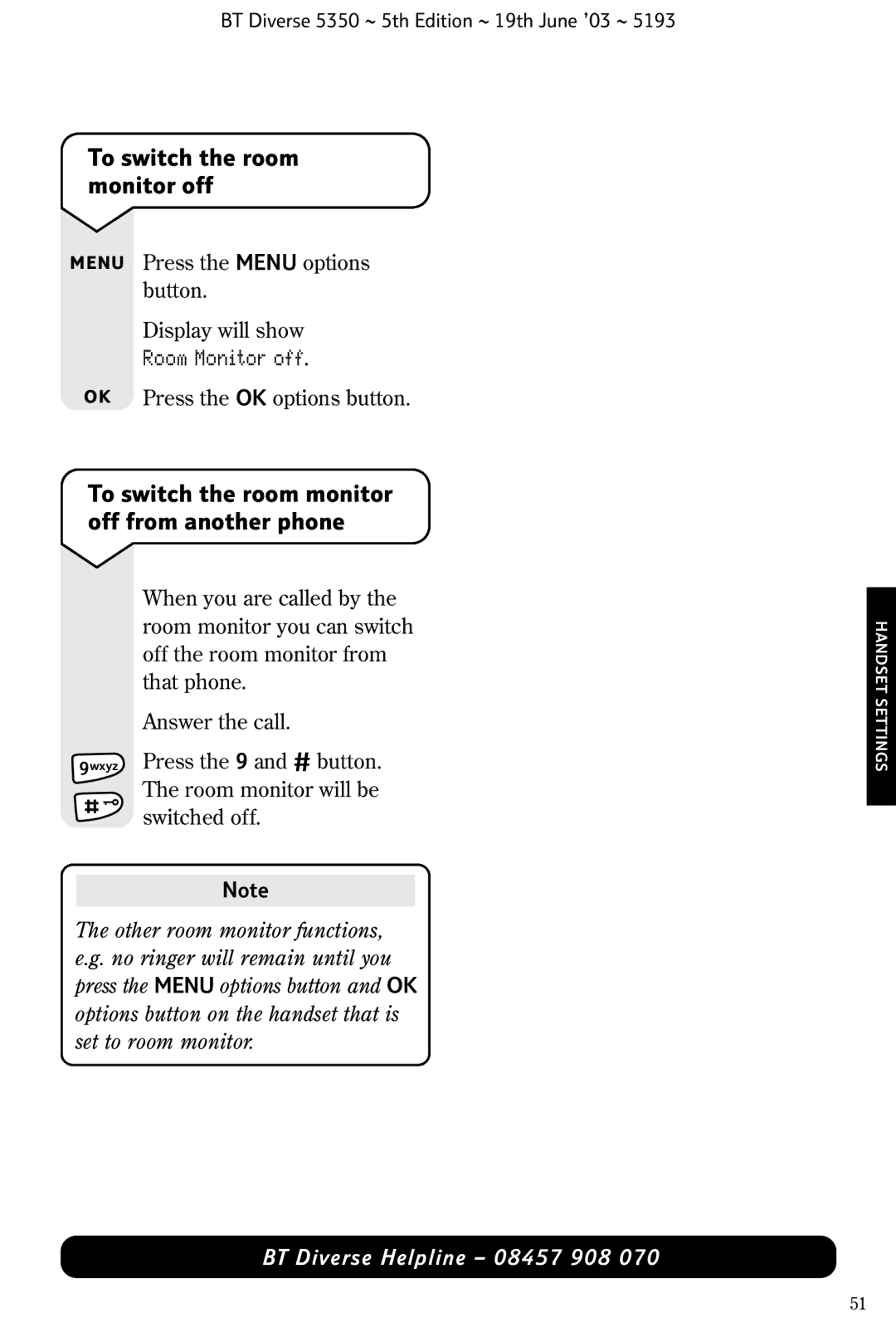 HP 5350 manual To switch the room monitor off from another phone, Room Monitor off 