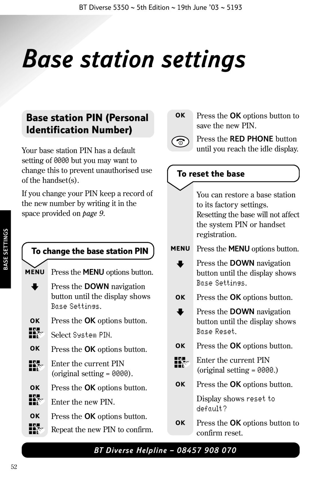 HP 5350 manual Base station settings, Base station PIN Personal Identification Number, To reset the base, Select System PIN 