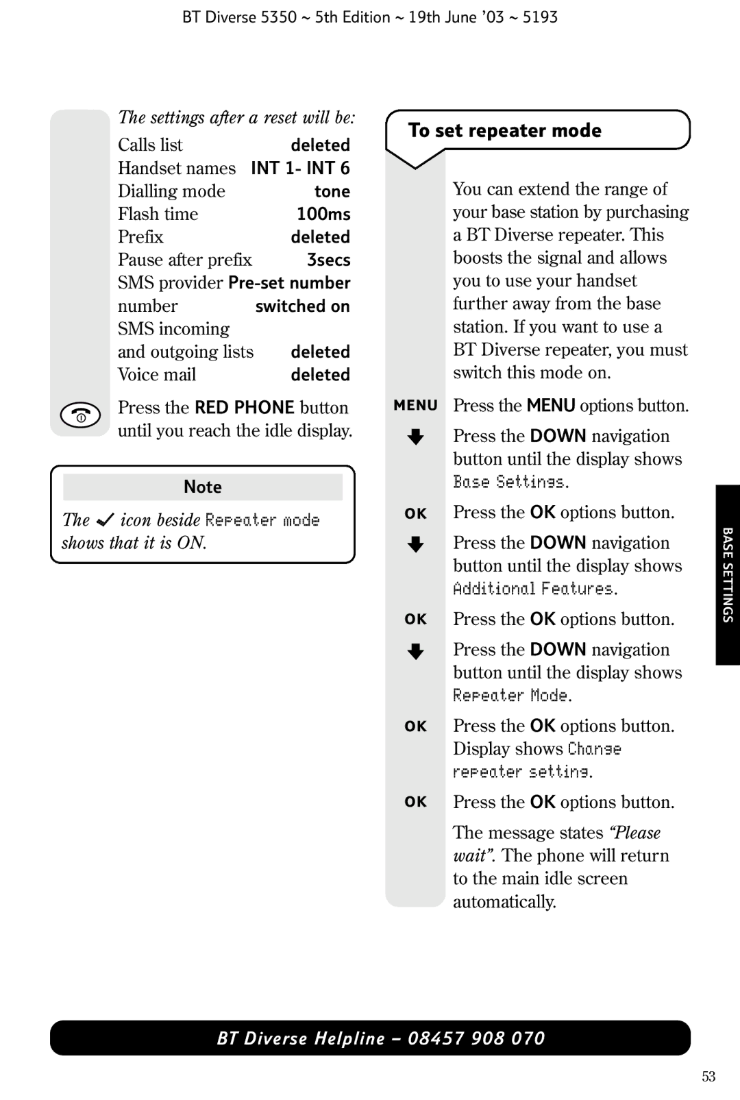 HP 5350 manual To set repeater mode, Repeater setting 