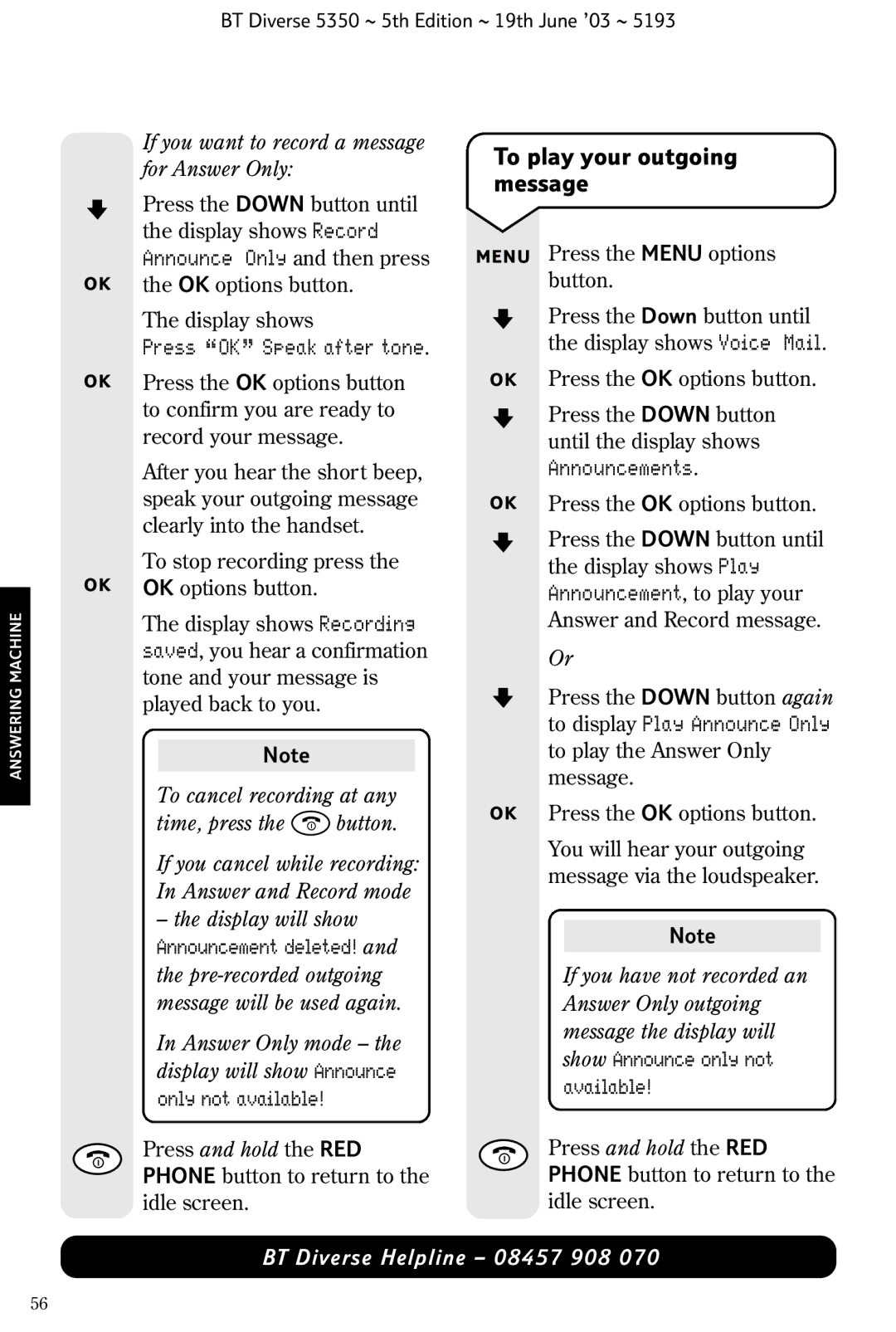 HP 5350 To play your outgoing message, Announce Only and then press, Press OK Speak after tone, To cancel recording at any 