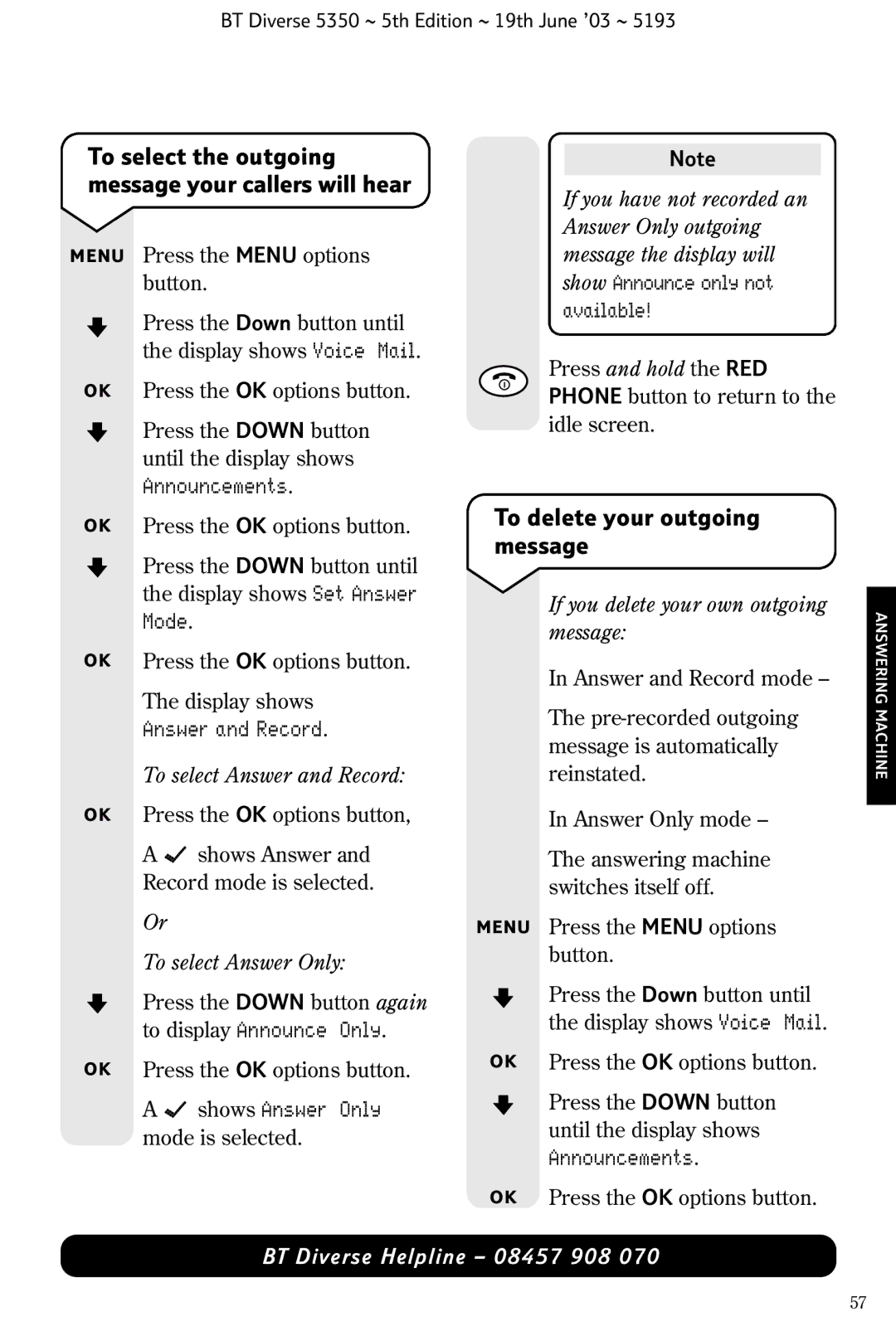 HP 5350 manual To delete your outgoing message, Announcements, Answer and Record 