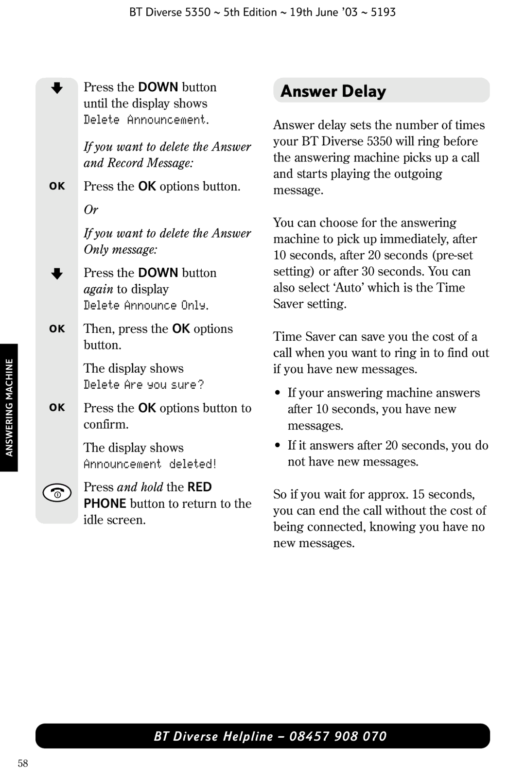 HP 5350 manual Answer Delay, Delete Announce Only, Delete Are you sure?, Announcement deleted 