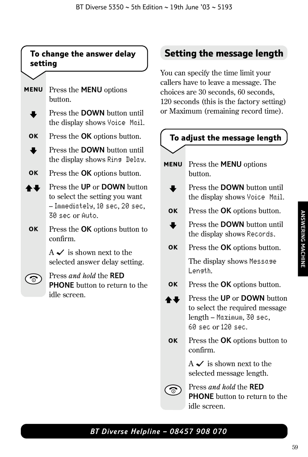 HP 5350 manual Setting the message length, To change the answer delay setting, To adjust the message length 