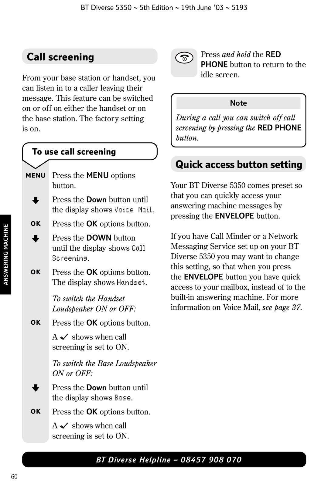 HP 5350 Call screening, Quick access button setting, To use call screening, To switch the Handset Loudspeaker on or OFF 