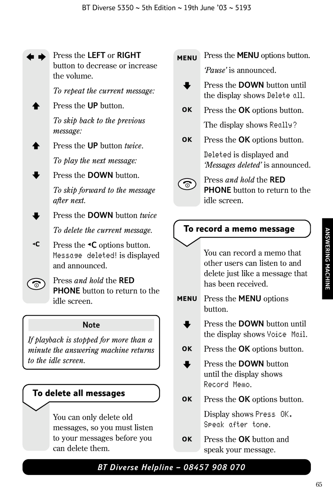 HP 5350 manual To record a memo message, To delete all messages 