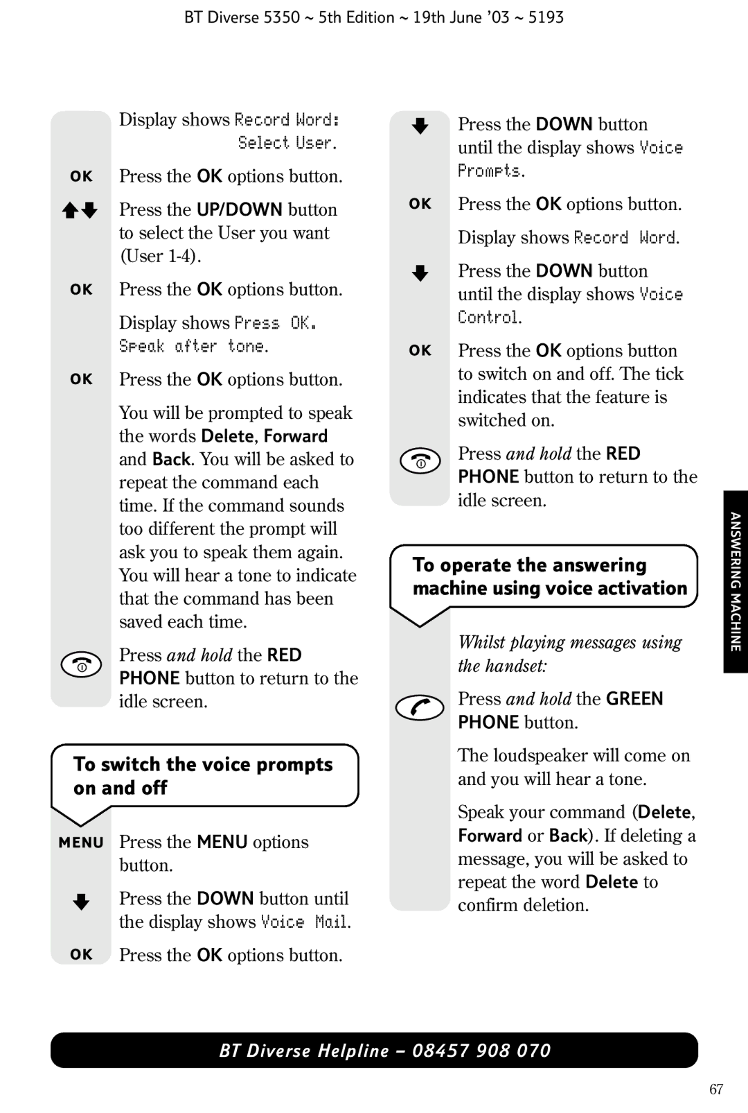 HP 5350 manual To switch the voice prompts on and off, To operate the answering machine using voice activation 