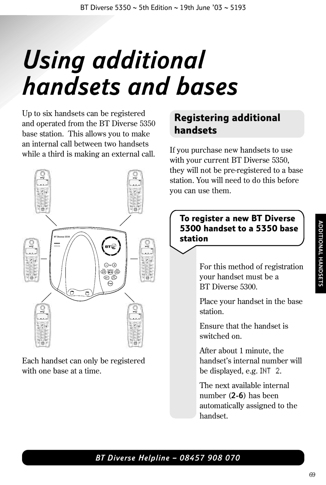 HP 5350 manual Using additional handsets and bases, Registering additional handsets 