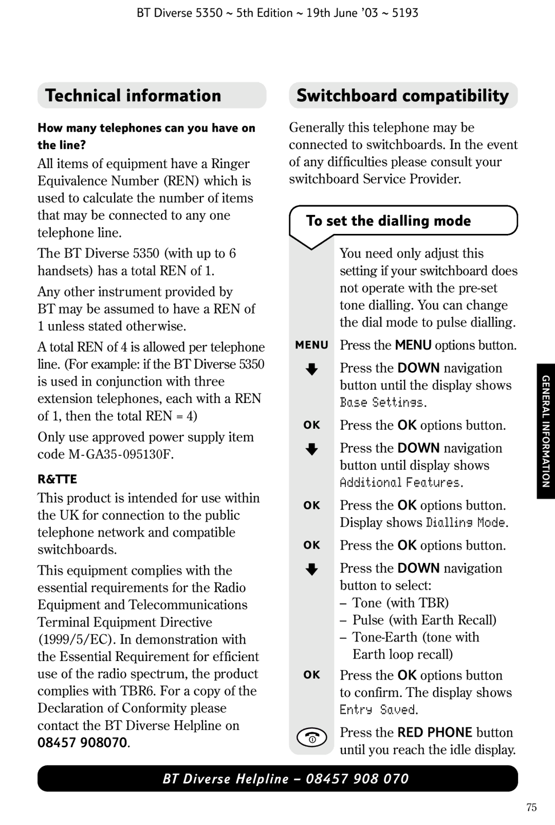 HP 5350 manual Technical information Switchboard compatibility, To set the dialling mode 