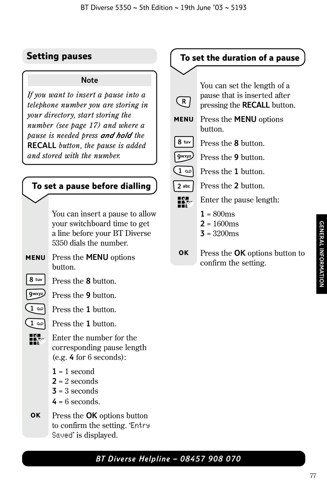 HP 5350 manual To set a pause before dialling, To set the duration of a pause 