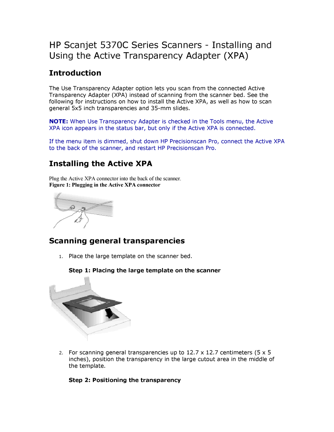 HP 5370C manual Introduction, Installing the Active XPA, Scanning general transparencies, Positioning the transparency 