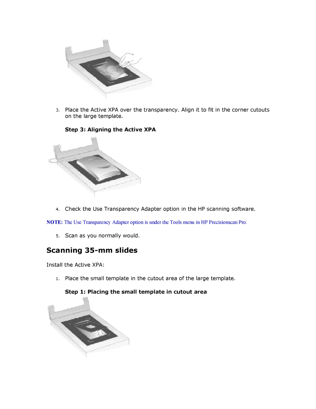 HP 5370C manual Scanning 35-mm slides, Aligning the Active XPA, Placing the small template in cutout area 