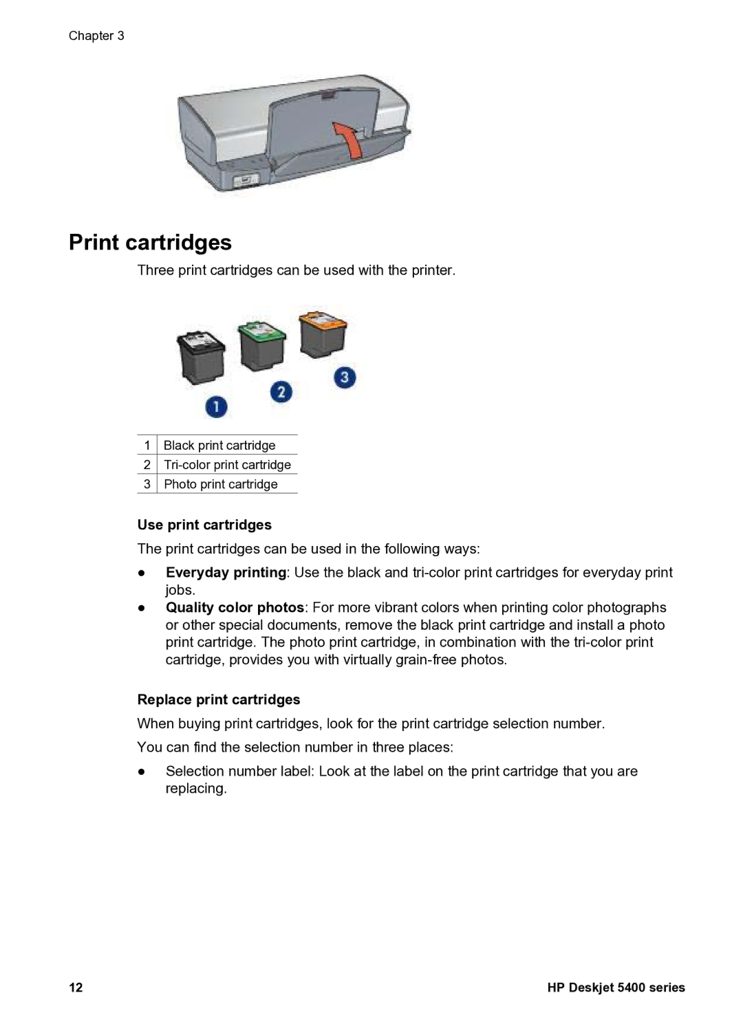 HP 5400 manual Print cartridges, Use print cartridges, Replace print cartridges 