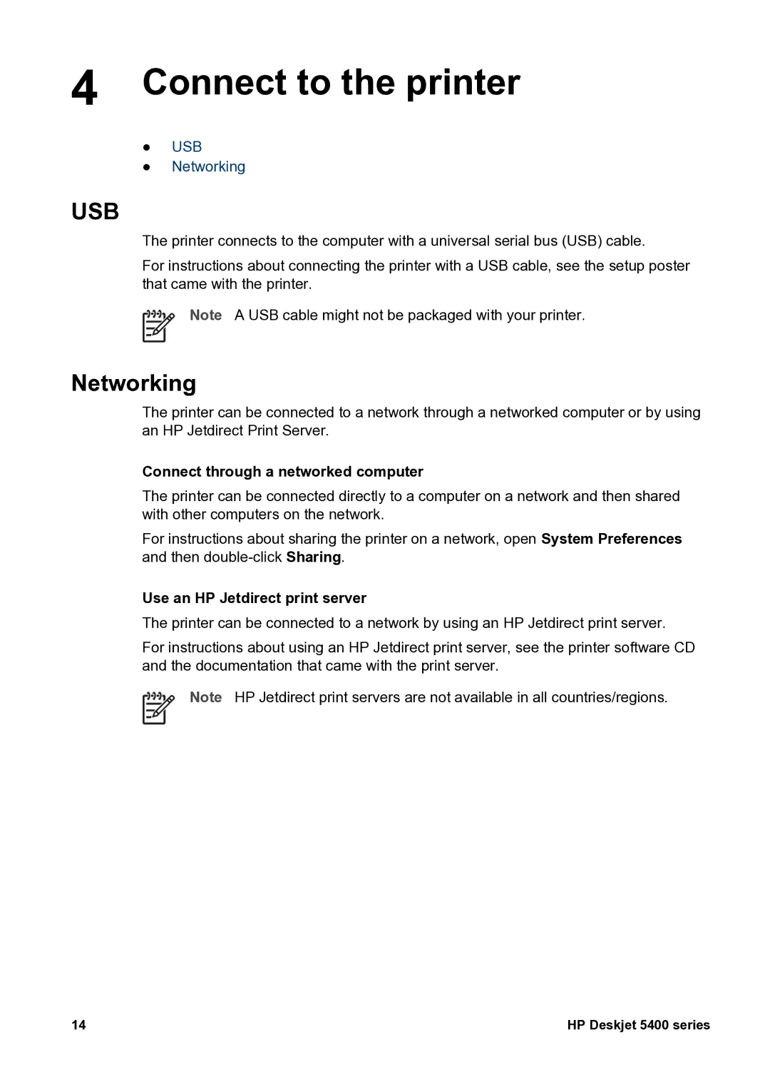 HP 5400 manual Connect to the printer, Networking, Connect through a networked computer, Use an HP Jetdirect print server 