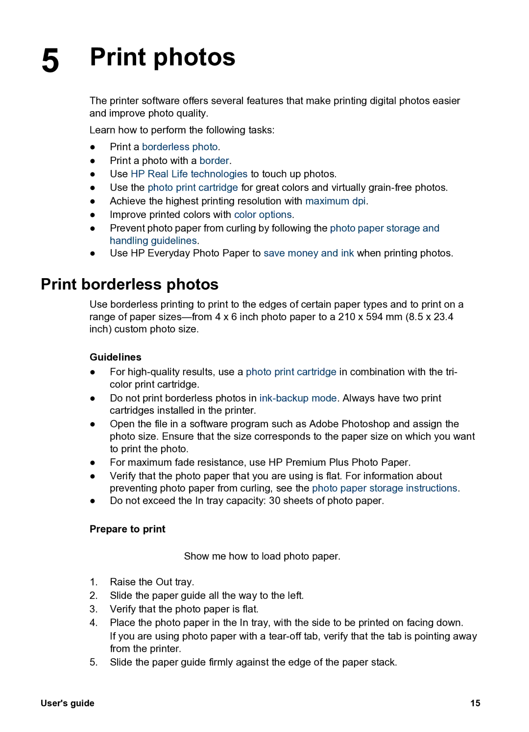 HP 5400 manual Print photos, Print borderless photos, Guidelines, Prepare to print 