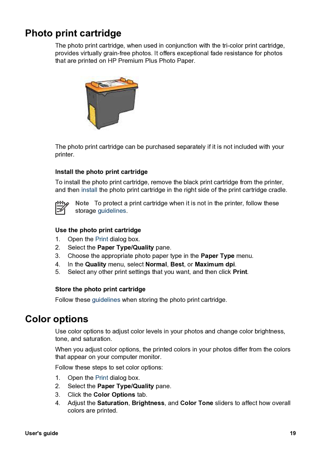 HP 5400 manual Photo print cartridge, Color options 