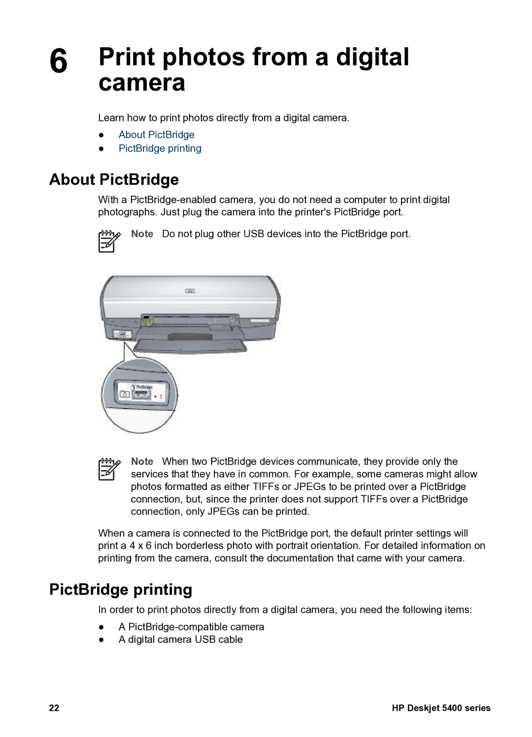 HP 5400 manual Print photos from a digital, Camera, About PictBridge, PictBridge printing 