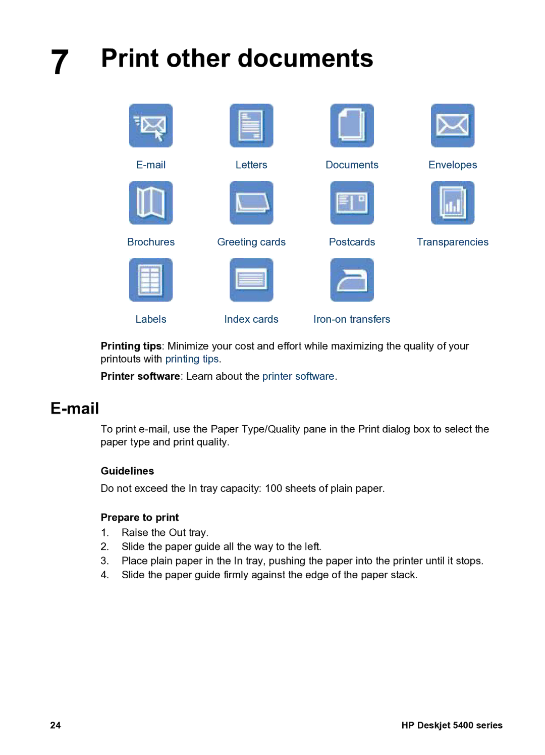 HP 5400 manual Print other documents, Mail 