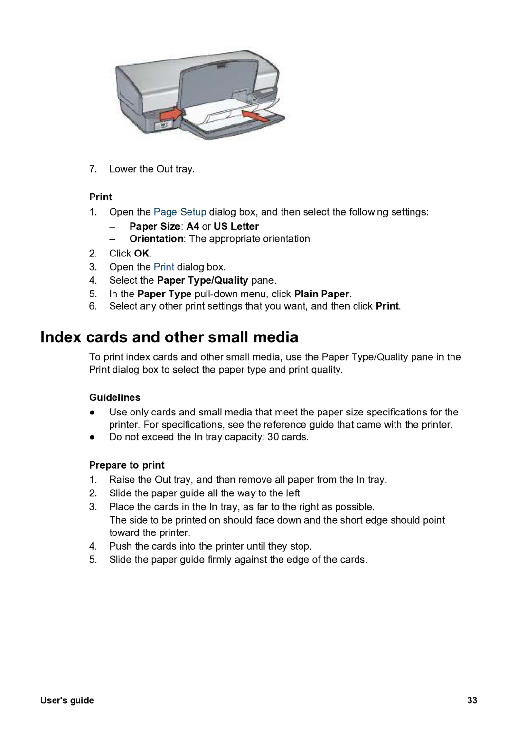 HP 5400 manual Index cards and other small media, Paper Size A4 or US Letter 