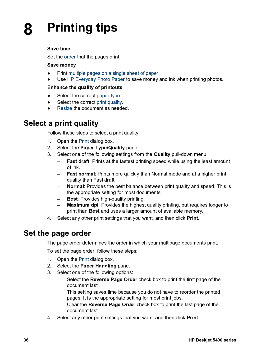 HP 5400 manual Printing tips, Select a print quality, Set the page order 