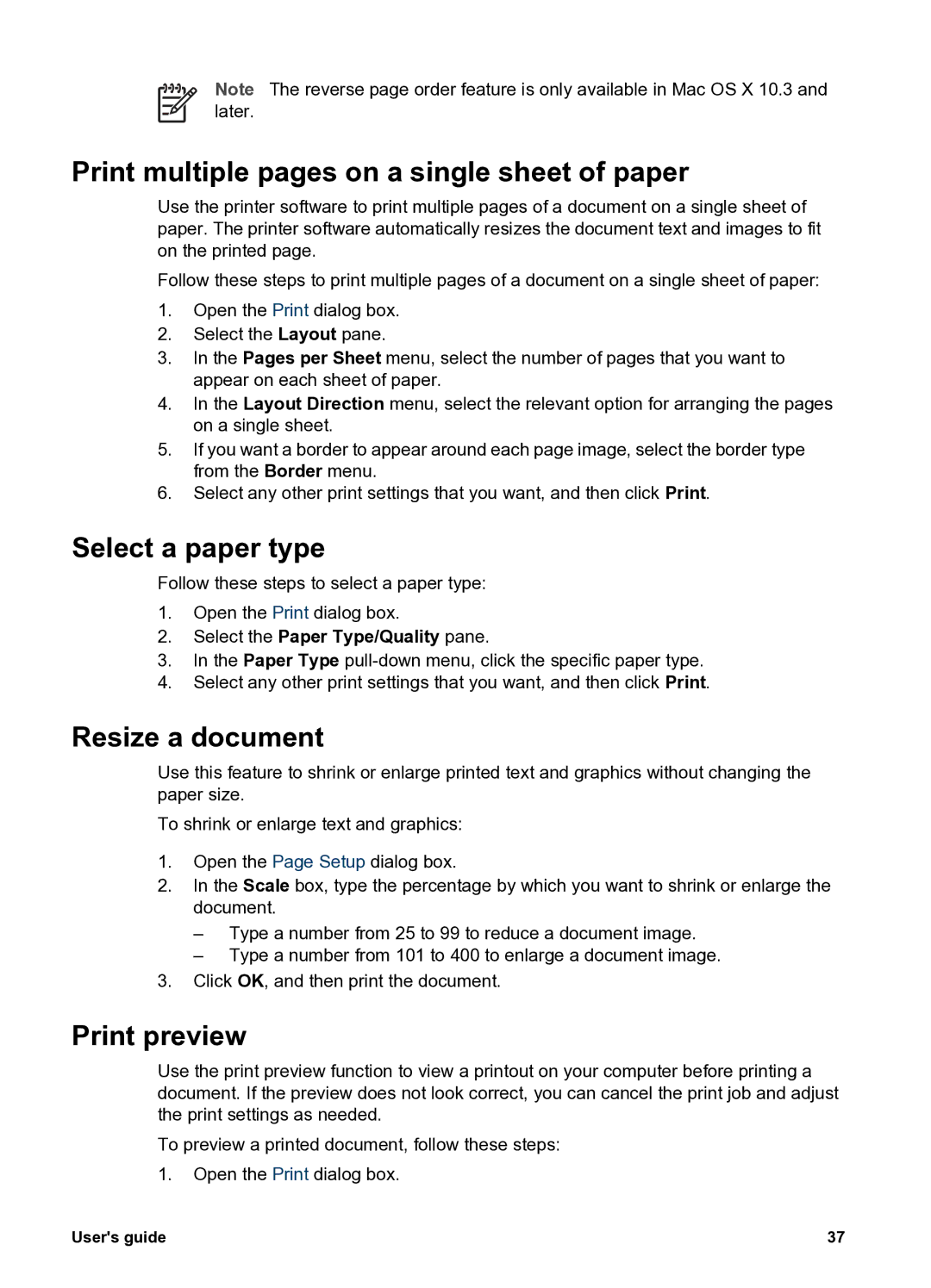 HP 5400 manual Print multiple pages on a single sheet of paper, Select a paper type, Resize a document, Print preview 