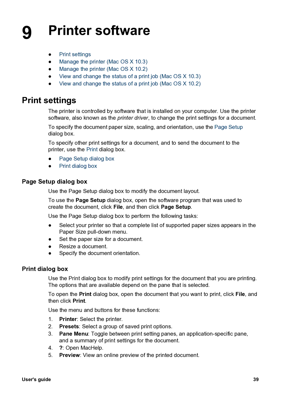 HP 5400 manual Printer software, Print settings, Setup dialog box, Print dialog box 