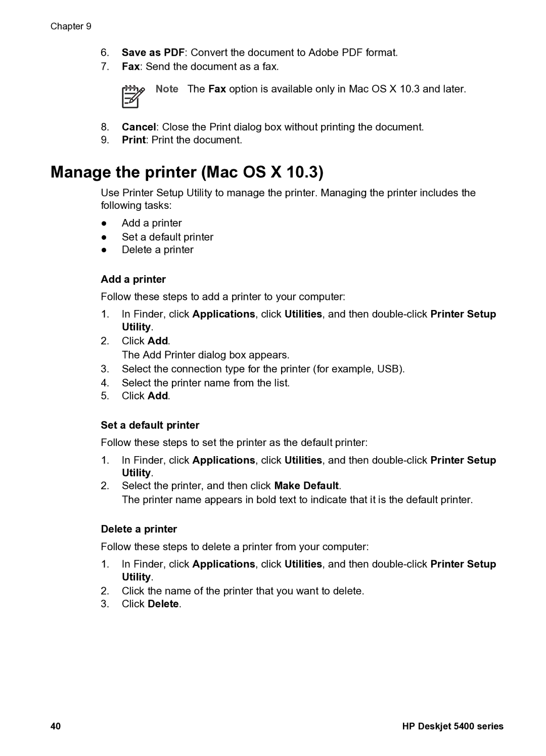 HP 5400 manual Manage the printer Mac OS X, Add a printer, Set a default printer, Delete a printer 