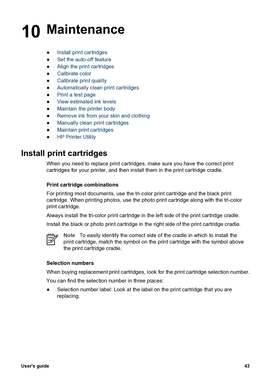 HP 5400 manual Maintenance, Install print cartridges, Print cartridge combinations, Selection numbers 