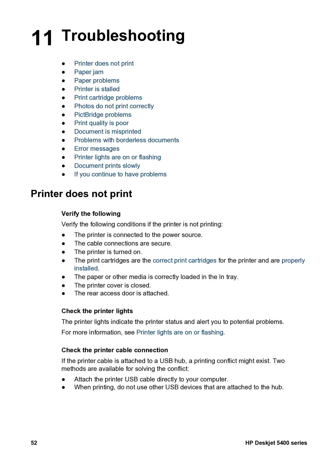 HP 5400 manual Troubleshooting, Printer does not print, Verify the following, Check the printer lights 