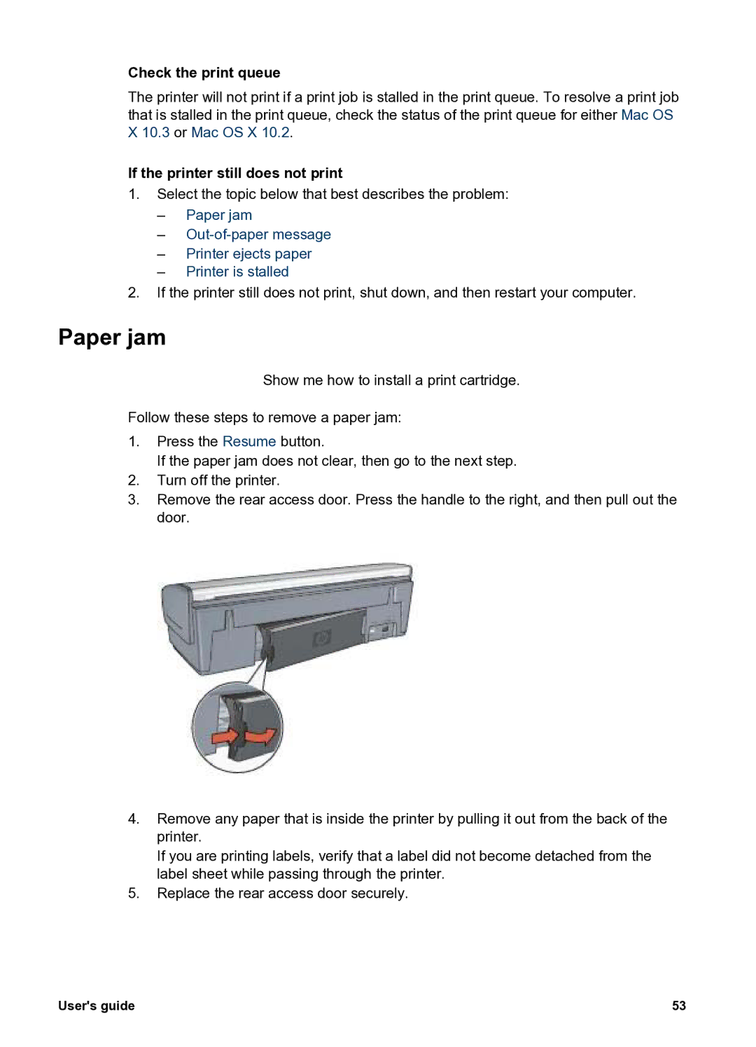 HP 5400 manual Paper jam, Check the print queue, If the printer still does not print 