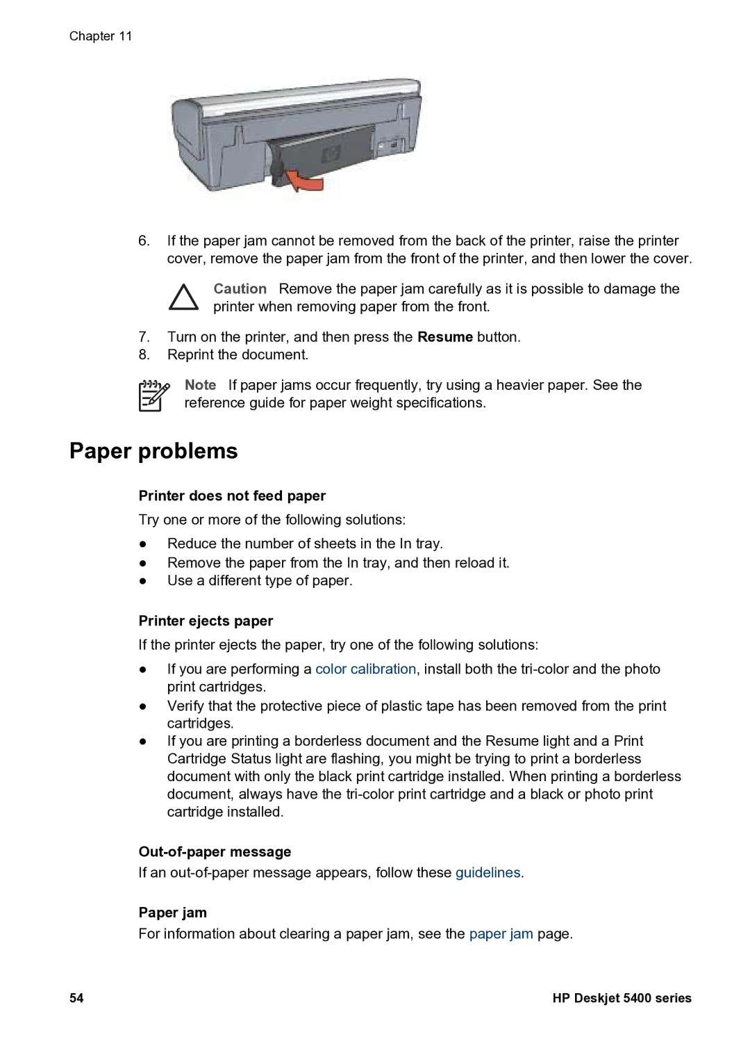 HP 5400 manual Paper problems, Printer does not feed paper, Printer ejects paper, Out-of-paper message, Paper jam 