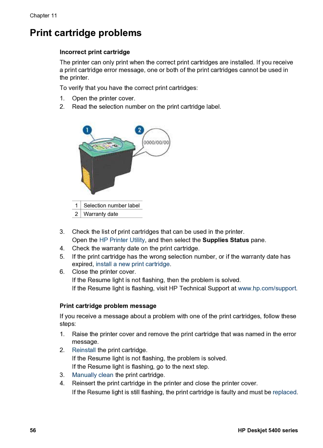 HP 5400 manual Print cartridge problems, Incorrect print cartridge, Print cartridge problem message 