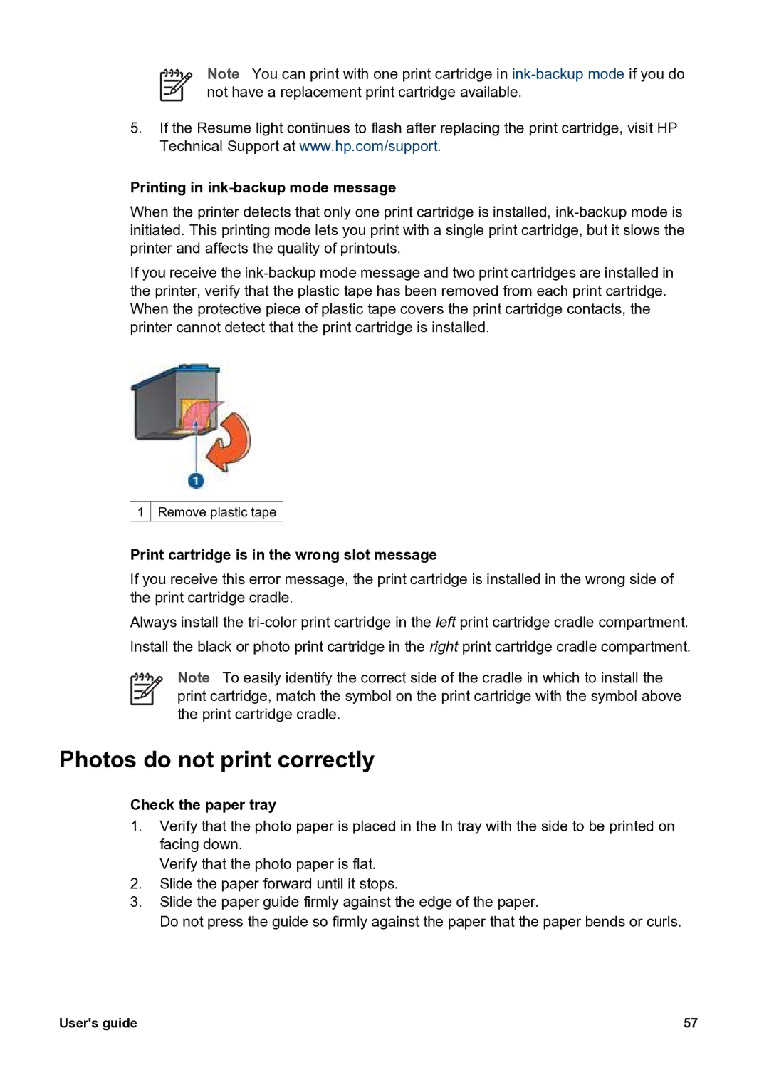 HP 5400 Photos do not print correctly, Printing in ink-backup mode message, Print cartridge is in the wrong slot message 