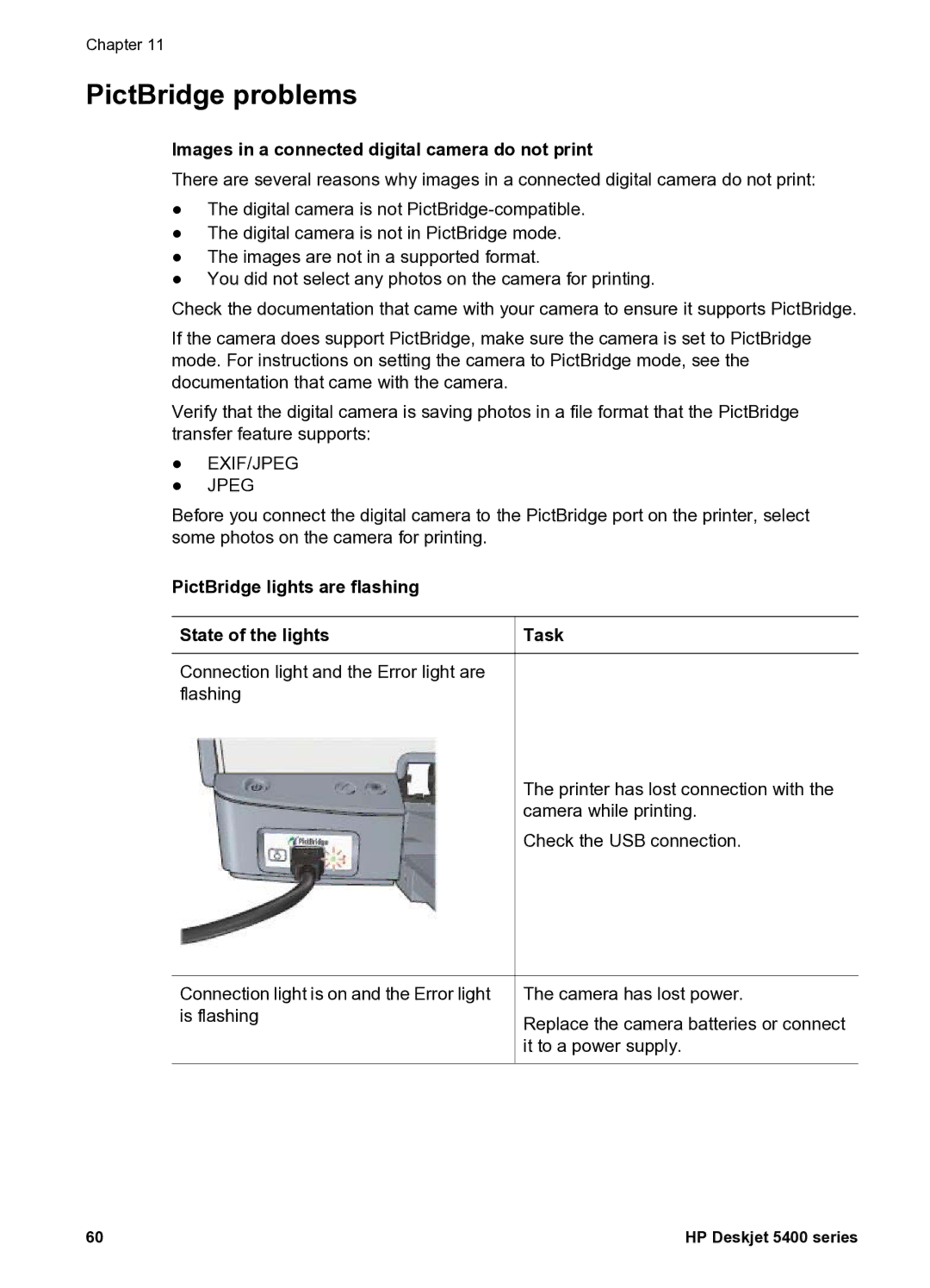 HP 5400 manual PictBridge problems, Images in a connected digital camera do not print 