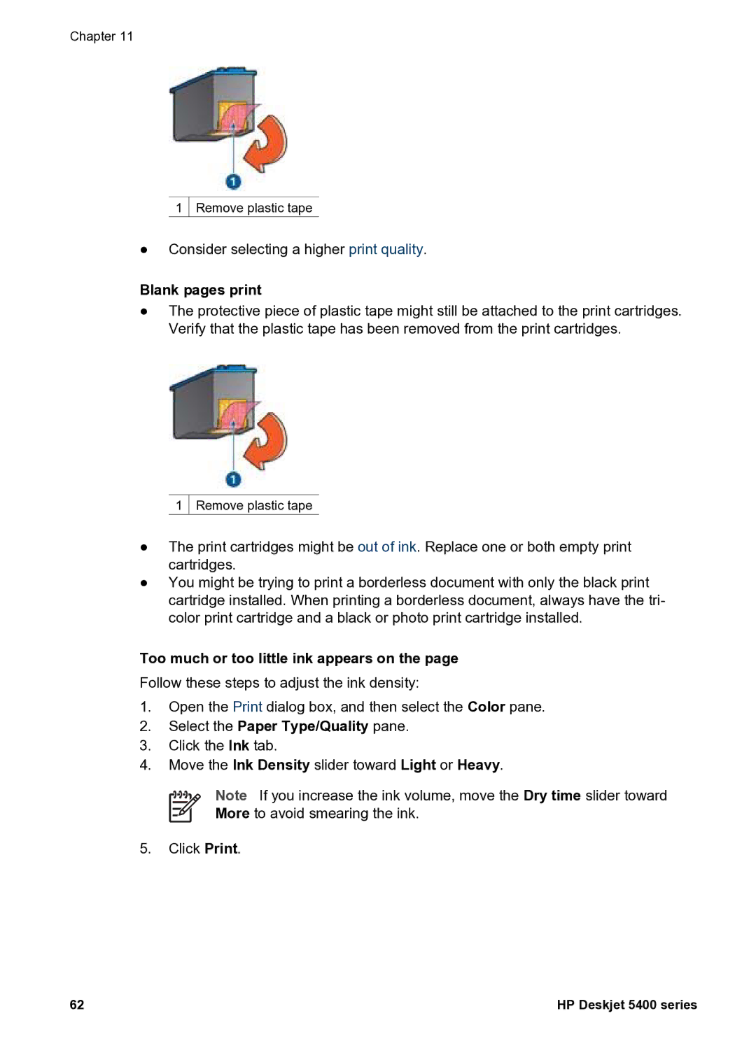 HP 5400 manual Blank pages print, Too much or too little ink appears on 