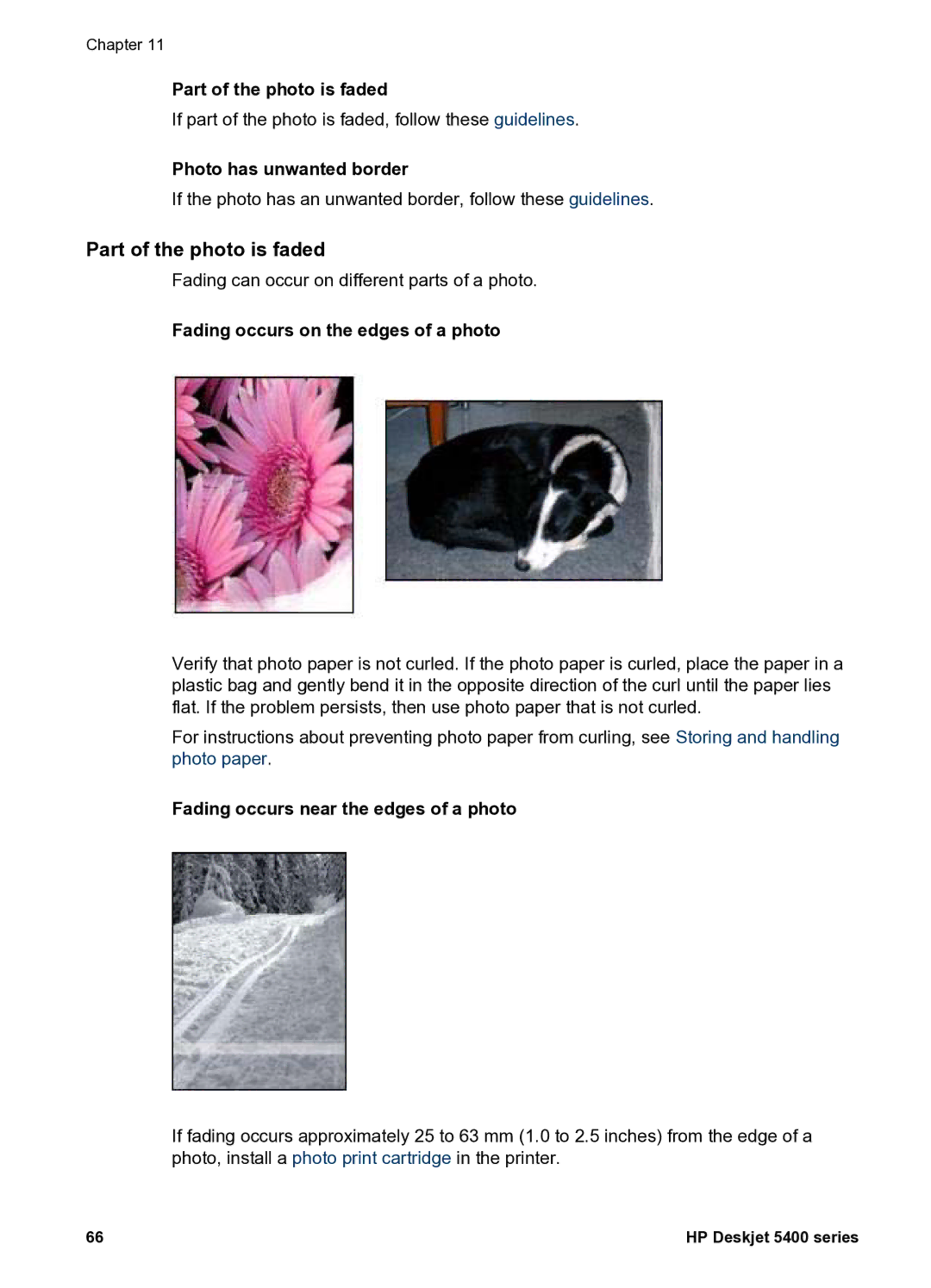 HP 5400 manual Part of the photo is faded, Photo has unwanted border 